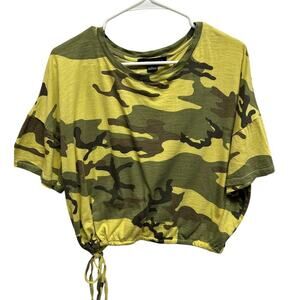 Sanctuary XL Women‎ Camo Tie Crop Top Boho Festival Yellow Green Black